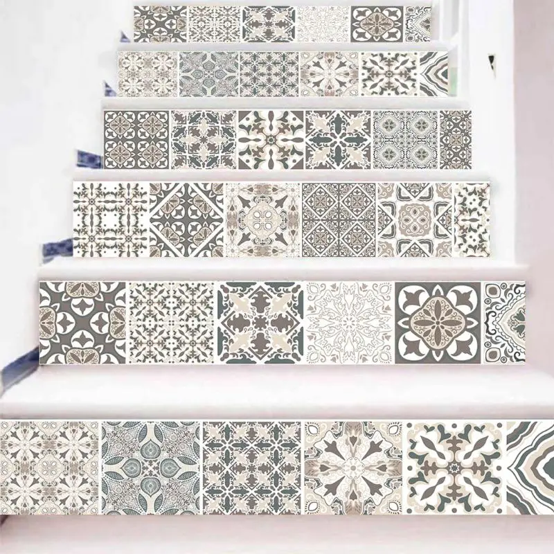 6pcs/set 3D Mandala Flower Staircase Stair Riser Floor Sticker Self Adhesive DIY Stairway Waterproof PVC Wall Decal Home Decor