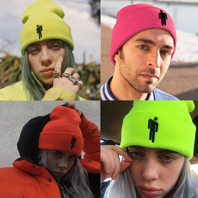 Billie Eilish Beanie, 14 цветов, вязаная зимняя женская шапка, одноцветная, в стиле хип-хоп, Skullies, вязаная шапка для девочек, повседневные теплые шапки