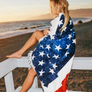 

Independence Day Printed Washable American Flag Blankets Cover Outdoors Tassel Decor Round Beach Towel Party Bath Polyester