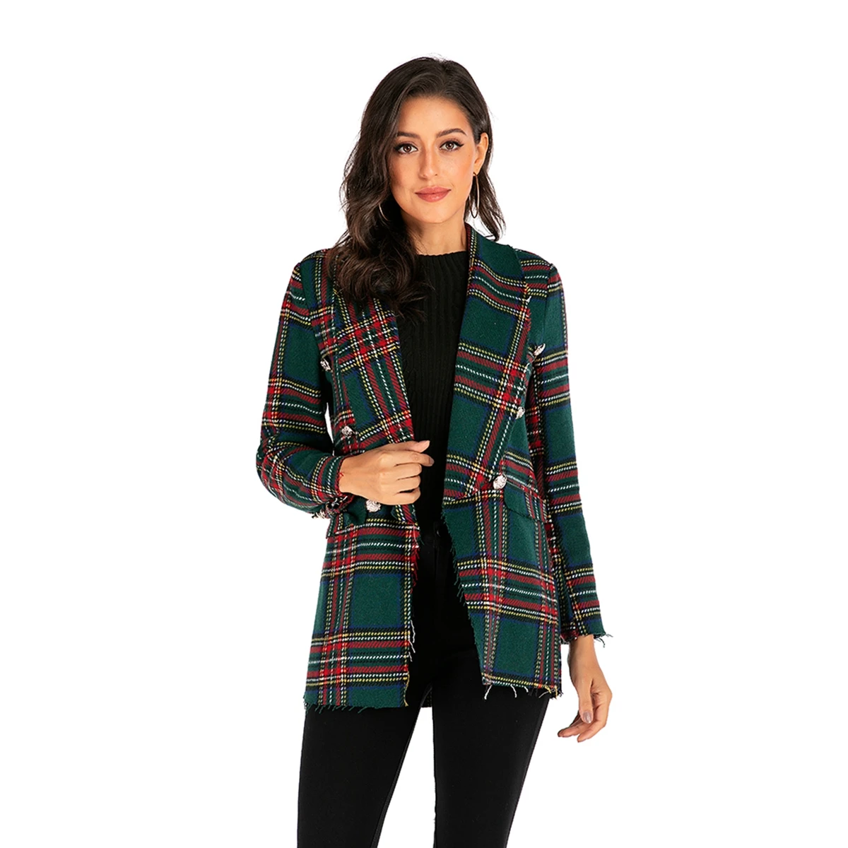 Fashion ladies jacket autumn and winter new plaid long-sleeved woolen coat jacket cardigan women's jacket