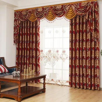 

Custom curtain luxury living room noble European embroidered red thick chenille cloth blackout curtain tulle valance drapes B625