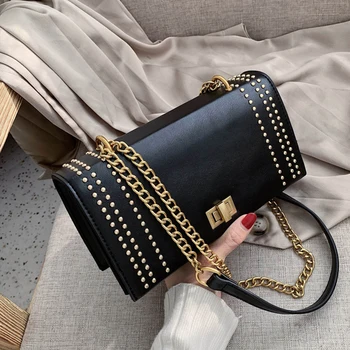 

Rivet Shoulder Bag Crossbody Bags For Women 2020 Trend Brand Luxury Designer Solid Color PU Leather Ladies Chain Purses Handbags