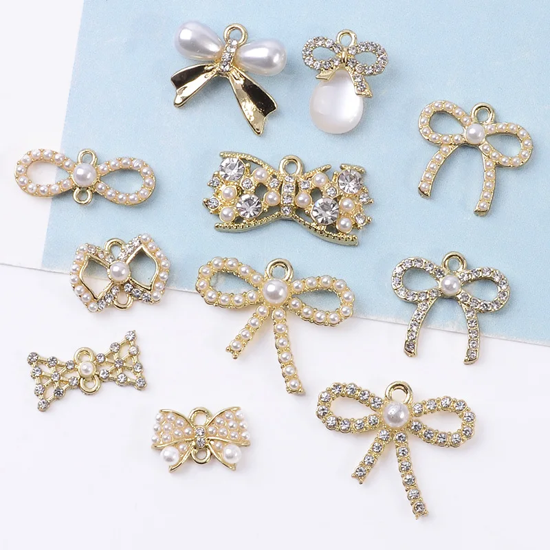 

30pc Gold color New fashion Alloy Material Crystal/Pearl Bowknot Shape Connector charm for DIY Handmade Jewelry Making wholesale