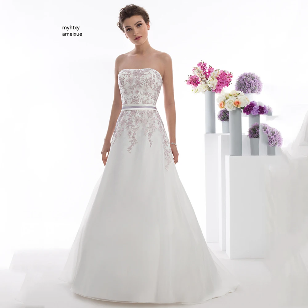 

Sleeveless Organza Strapless Sweep Train Backless A-line Vestidos De Novia Lace Simple Plus Size Wedding Dress 2019 Princess