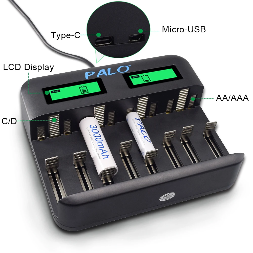 PALO LCD display Smart USB AA AAA battery Charger for AA AAA C D battery+1.2V Ni-MH 3000mah AA&1100mah AAA rechargeable battery