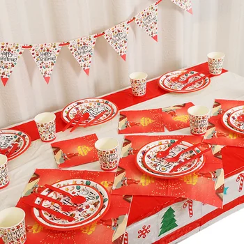 

2021 Merry Christmas Party Tableware Set Santa Claus Paper Plates Cups Napkins Tableware New Year Party Christmas Decorations