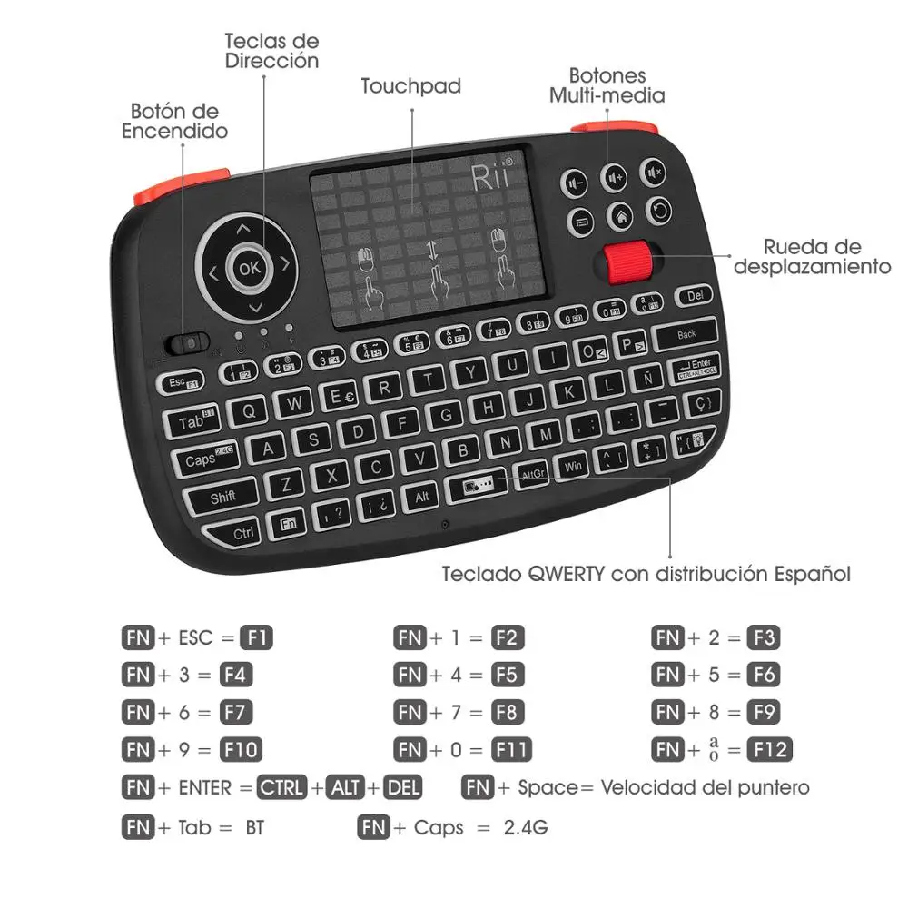 Rii i4 испанская Bluetooth клавиатура мини беспроводная клавиатура с QWERTY клавиатура с задней подсветкой, тачпад для Apple iOS/Android/Window