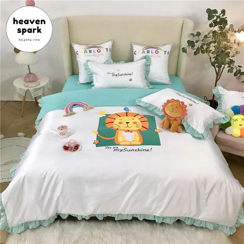 

Home Bedclothes 100% Silk Kids Bedding Set Animal Cartoon Embroidery Duvet Cover Bed Sheets and Pillowcases Queen and King Size