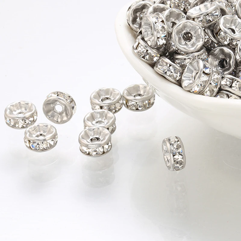 

Silver Rondelle Stainless Steel Crystal Spacer Beads Disc with Rhinestone for Jewelry Making DIY Bracelet
