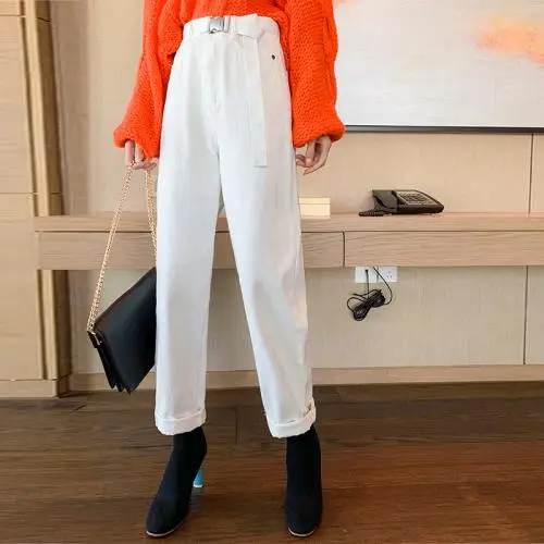 Брюки-шаровары для женщин; свободные брюки с высокой талией; Pantalon Femme; повседневные широкие прямые брюки; ; винтажные брюки в стиле ретро - Цвет: Белый