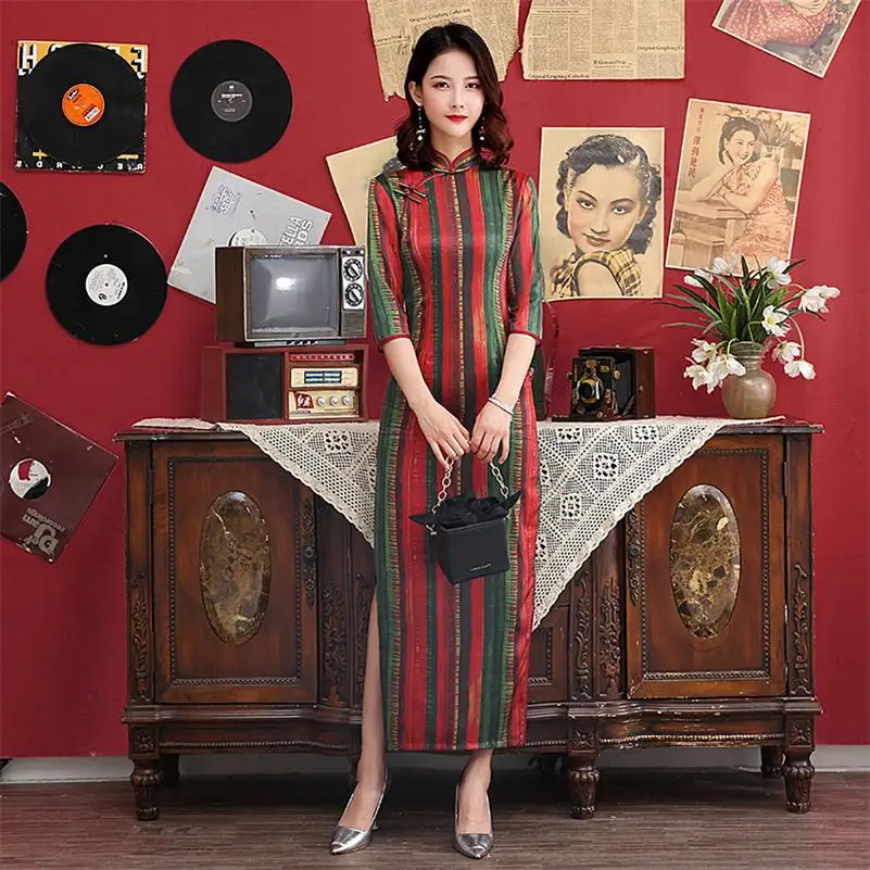 11193 Винтажный китайский воротник Qipao женское с новогодней елкой, бумажный платье кружевной отделки с принтом атласное платье M-4XL - Цвет: 11193