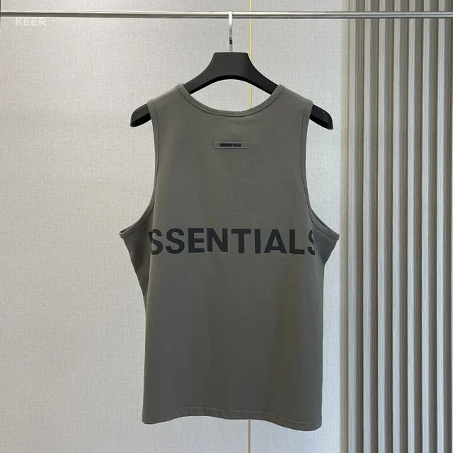 Essentials Men's Sleeveless T-shirt 100% Cotton Reflective Back Printed Letters Hip Hop Men Sleeveless Shirt gray