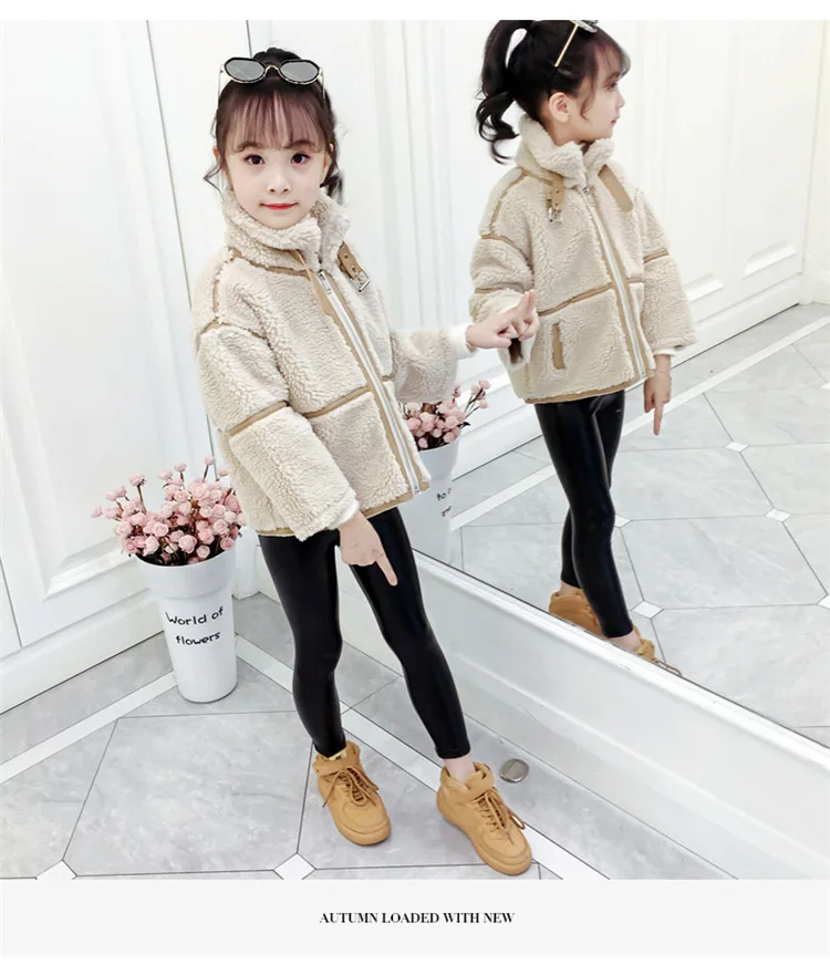 

New winter Korean style Artificial lamb fur with skin warm Motorcycle jacket outwear with cotton lining for teenage girls