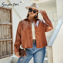 

Simplee Plus Fashion big size PU leather jacket women Long sleeve oversize short jacket Solid single breasted bomber coat winter
