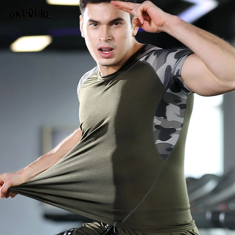 

Men Sports Shirt Camouflage O-neck Breathable Workout Shirt Jersey Slim Fit Black Green Gym Fitness Jogging Running T-shirts Man