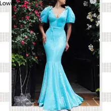 Элегантное голубое небо длинное Русалка платье для выпускного с пайетками v-образным вырезом кафтан кутюр сексуальное вечернее платье с поясом Vestidos