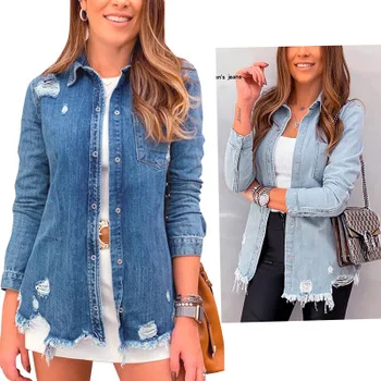 

Oversize Denim Jacket for Women Ripped Jean Jacket Boyfriend Long Sleeve Coat