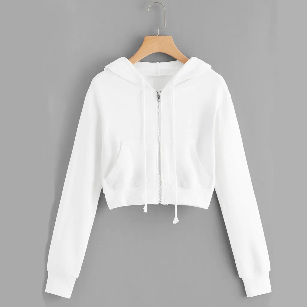 

Women Autumn Spring Tops Drawstring Hooded Long Sleeve Hoodie Sweatshirts Zip Up Crop Casual Jacket Zipper Coat Outwear New
