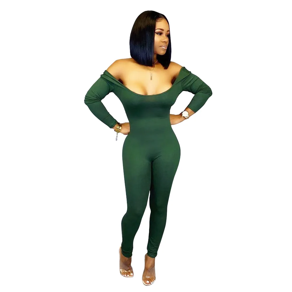 Обтягивающие сексуальные комбинезоны с открытой спиной для женщин с овальным вырезом, одноцветные облегающие боди с длинным рукавом, Элегантные Осенние Комбинезоны размера плюс - Цвет: Green