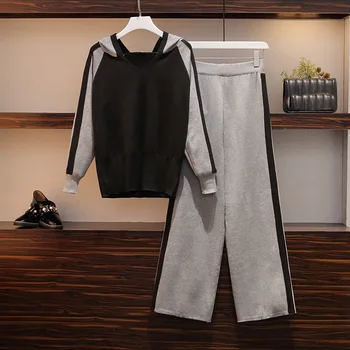 

Plus Size 2020 Autumn Winter Tracksuit Women Hoodies Patchwork Sweatshirts+ Long Pants 2 Piece Set Outfits Knitted Chandal Mujer