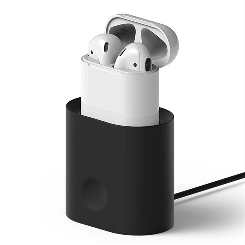 Black WeeYRN мини Портативный настольная Зарядная база для AirPods зарядная док-станция Мягкий силиконовый чехол для аирподс 1 / 2 аир подс горшки чехол для наушников - Цвет: Black
