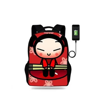 

17inch Pucca Print Backpack Women USB Port Backpacks For Teenager Girls School Bags Laptop Daily Backpacks