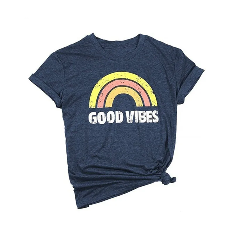 Футболка Good Vibes, женская футболка, милые топы, короткий рукав, буквенный принт, радужная графическая футболка, женская одежда - Цвет: 3