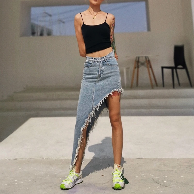 

iMucci 2020 Spring New Irregular Denim Skirt A-line High Waist Mid Length Tassel Skirts Fashion Sexy High Street Style TM1103