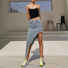 iMucci 2020 Spring New Irregular Denim Skirt A-line High Waist Mid Length Tassel Skirts Fashion Sexy High Street Style TM1103 iMucci 2020 Spring New Irregular Denim Skirt A-line High Waist Mid Length Tassel Skirts Fashion Sexy High Street Style TM1103