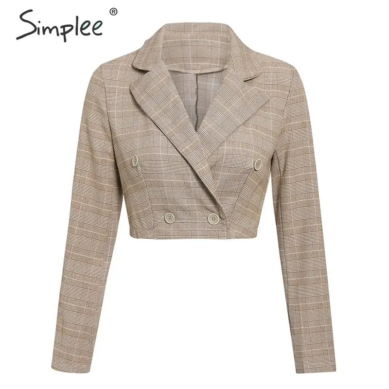 Simplee двубортный клетчатый короткий Блейзер, пальто с длинным рукавом, весна-лето, укороченный Блейзер, уличная одежда, офисные женские пиджаки, куртки