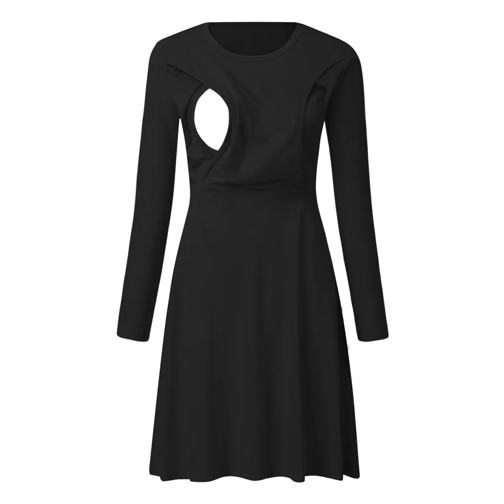 Maternity Dresses Vestidos Sleepwear Nursing Solid Long Sleeve Pregnancy Dress Clothes Pregnant Women Winter Feeding Dress 19Oct