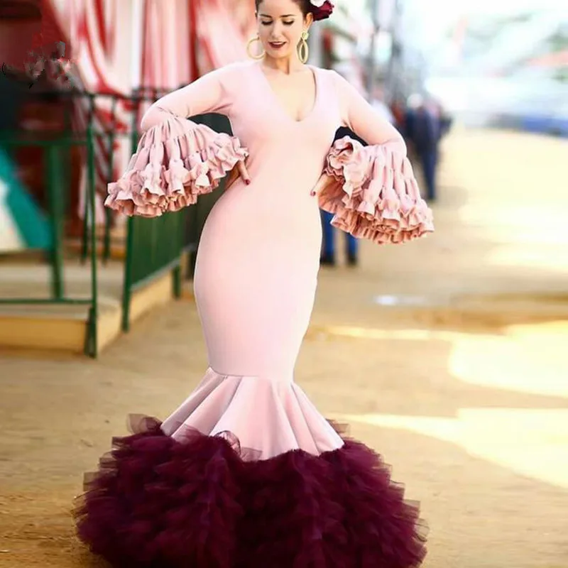 

Pink Burgundy Long Prom Dress Mermaid V Neck Long sleeve Tiered Floor Length Formal Evening Dresses Vestido Festa 2020 New