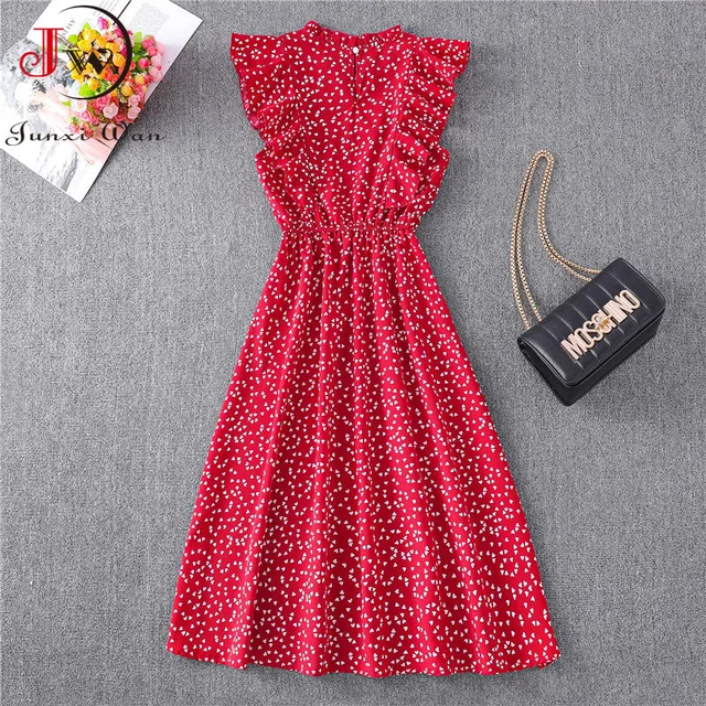 Women Summer Polka Dot Chiffon Dress Short Sleeve Party Sweet Slim A-Line Casual Elastic Waist Elegant Midi Dresses Robe Femme 4