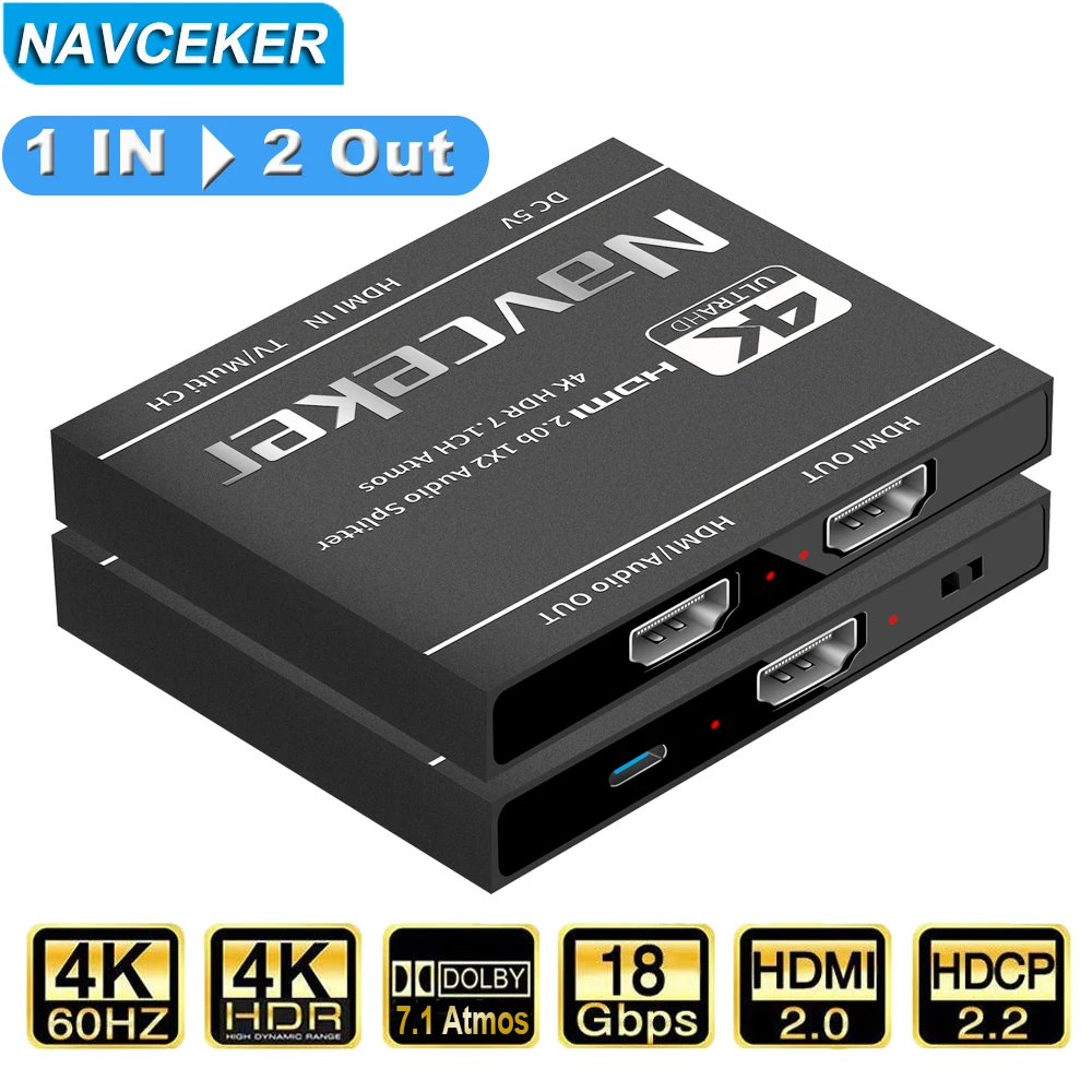 2023 Best 4K Hdmi Splitter 1X2 Hdmi 2.0 Splitter 1 In 2 Out Hdmi Audio Extractor Hdr Hdmi2.0 Splitter Per Ps4 Apple Tv Xbox Ps5