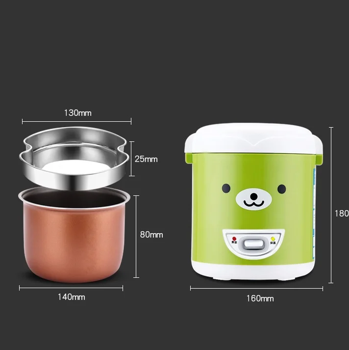 

3 Cups Cute Multi-function Electric Mini Rice Cooker 220V For House Food Steamer Student Dormitory Electric Lunch Box Green