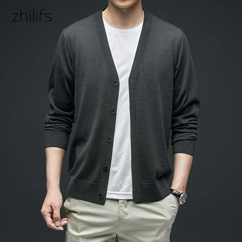 남성용 100 메리노 울 가디건, V넥 따뜻한 단색, 기본 스웨터, 초박형 울 가디건, 겨울