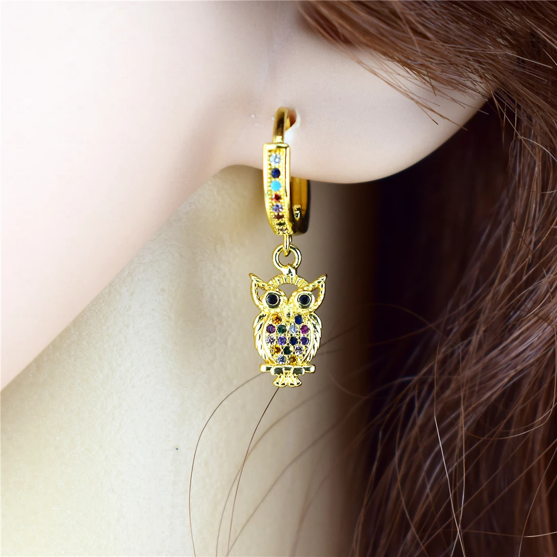 2020 Golden Exquisite Owl Zircon Earring for Women Rainbow AAA Zircon Crystal Drop Earring Daily Pendant Birthday Gift Present