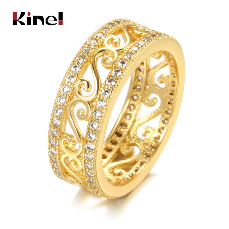 Kinel s 18K Real Gold Ring Double Row Micro-wax Inlay Natural Zircon Hollow Rings Women Wedding Party Fine Jewelry