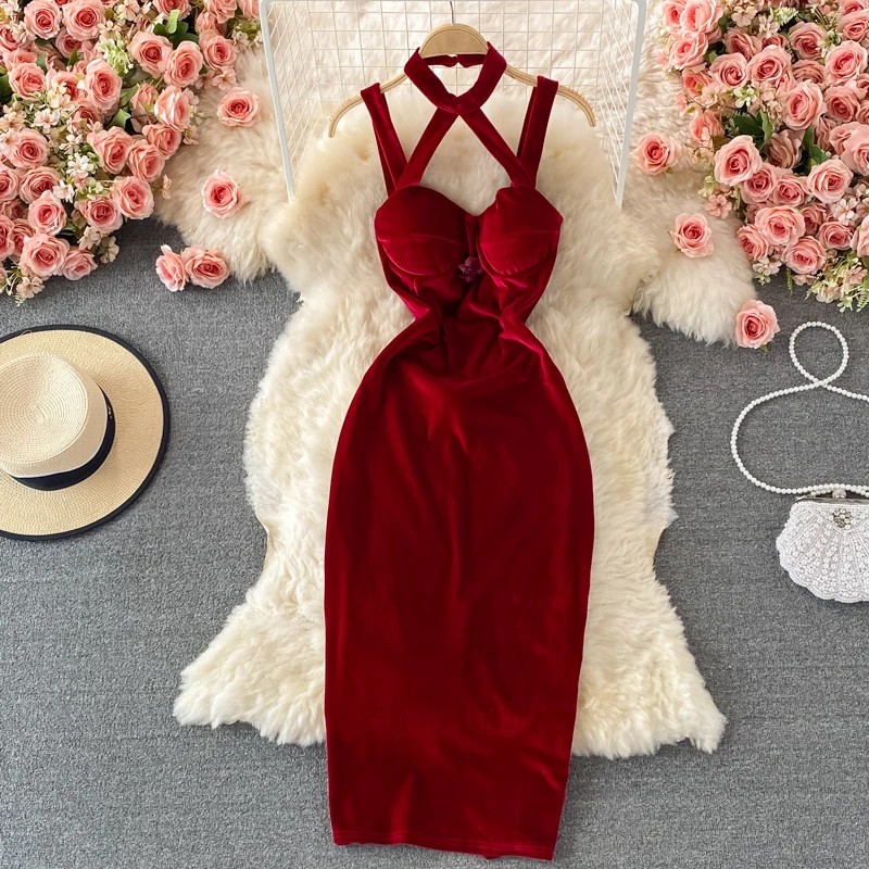 

2021 Spring New Sexy Deep Banquet Dress Hanging Neck Off Shoulder Slim Wrap Hip Suspender Dress