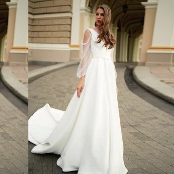 

Thinyfull Simple Boho Wedding Dresses Detachable Sleeves Beach A-Line Mariage Gowns Satin V-Neck Party Dress Vestido De Novia