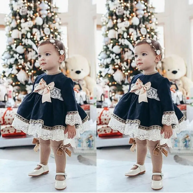 Новинка года; кружевное платье принцессы Детское кружевное платье с длинными рукавами для маленьких девочек вечерние, свадебные, пышные Детские платья с бантом в морском стиле для девочек