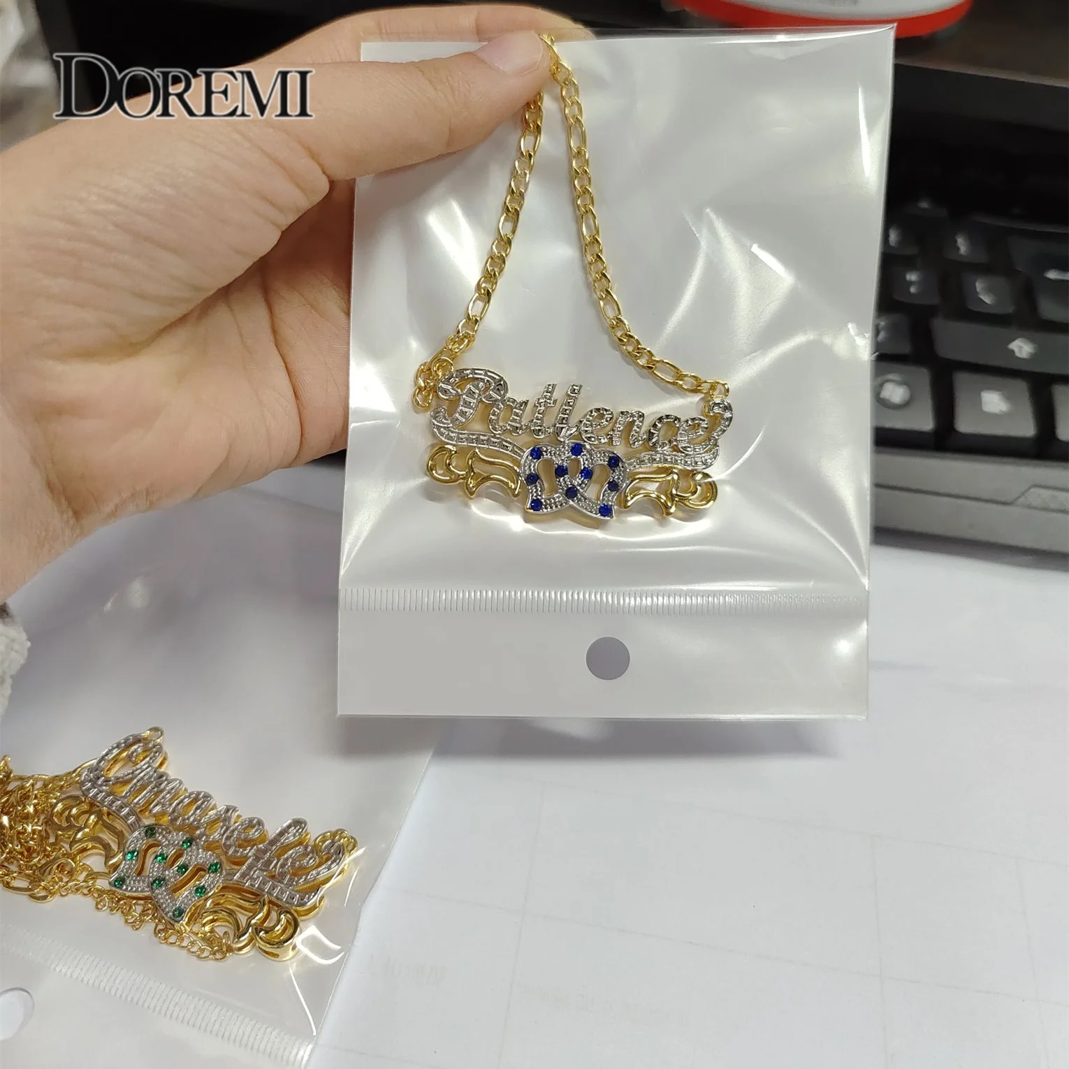 DOREMI Figaro Chain Custom Name Necklace 2 Toned Birthstone Name Chain Personalized Necklace Gold Nameplate 3D Necklace Hip Hop
