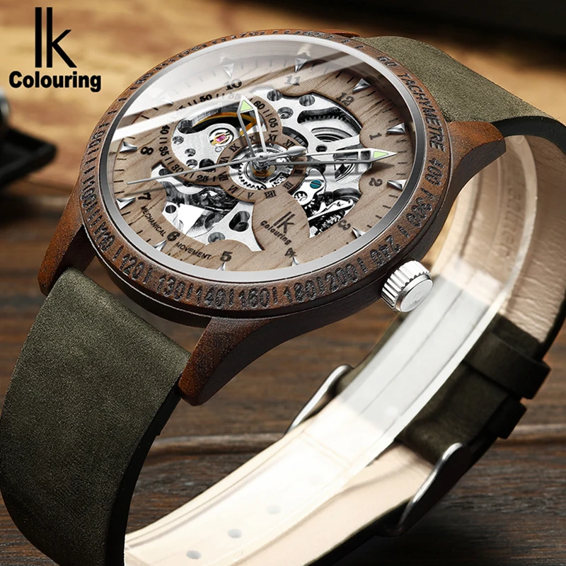 IK Colouring Wooden Men Mechanical Wristwatches Automatic Watch for Men Relogio Masculino Self-Wind Silver Wood Clock