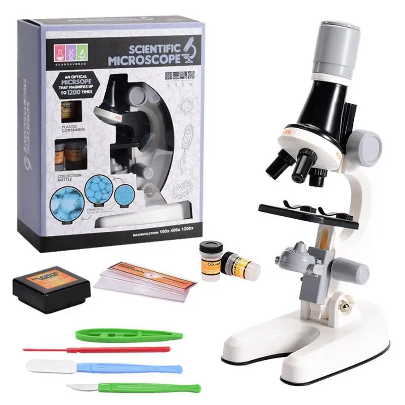 

Microscope Kit For Kids Lab LED 100X-400X-1200X Home School Science Educational Toy Gift Biological Plastic Microscope