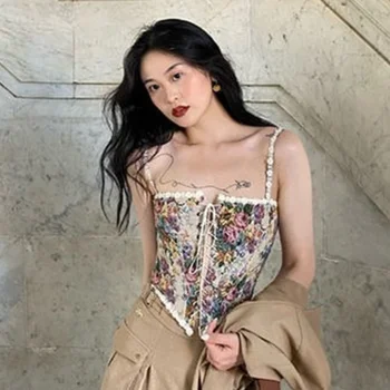 여성용 프린트 홀터 탑, 시크한 붕대 꽃 코르셋 셔츠, 우아한 디자이너, 프랑스 빈티지 섹시 스타일, 파티 클럽 여성용 탑