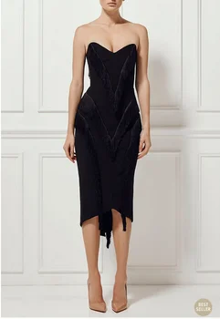 

Summer Bandage Dress High Quality Rayon Spaghetti Strapless Black Tassel Knee Length Club Party Dress Vestidos