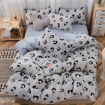 

BEST.WENSD High quality grey Leopard Print king size bedding set ab side stripe Cotton four piece bedding ropa de cama cotton
