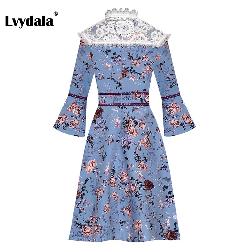 Lvydala, модное дизайнерское подиумное платье, весна-лето, женское платье, Платья с цветочным принтом+ кружевная шаль с жемчужной вышивкой