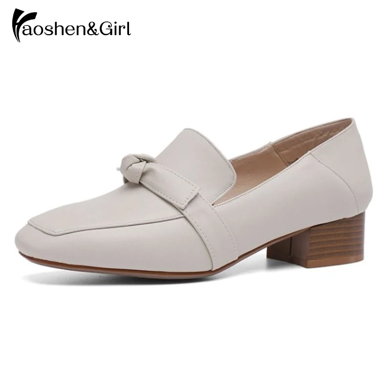 

Haoshen&Girl Soft Women Low Heel Pumps Midle Square Heel Pumps Square Toe Bow Daily Footwear Fashion Ladies Office Shoes Size 30