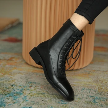 

Sexy Women Motorcycle Boots Genuine Leather Square Toe Shoes Women 2020 Autumn Winter Newest Party low Heels Boots
